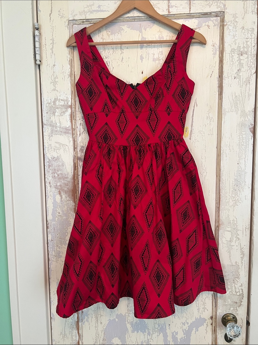 Nooworks Red Fit-and-Flare Dress with Black Diamond Print